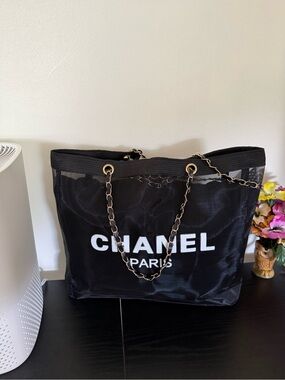 CHANEL Black Mesh Tote with White Logo and Gold Chain Handles. Summer Vibe